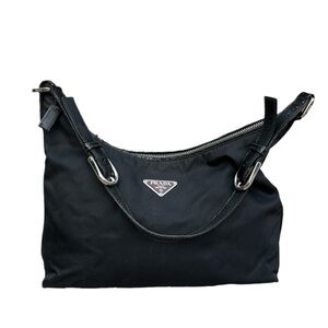 Vintage Prada Black Nylon Shoulder Bag Logo Brown Y2K Leather Trim USED